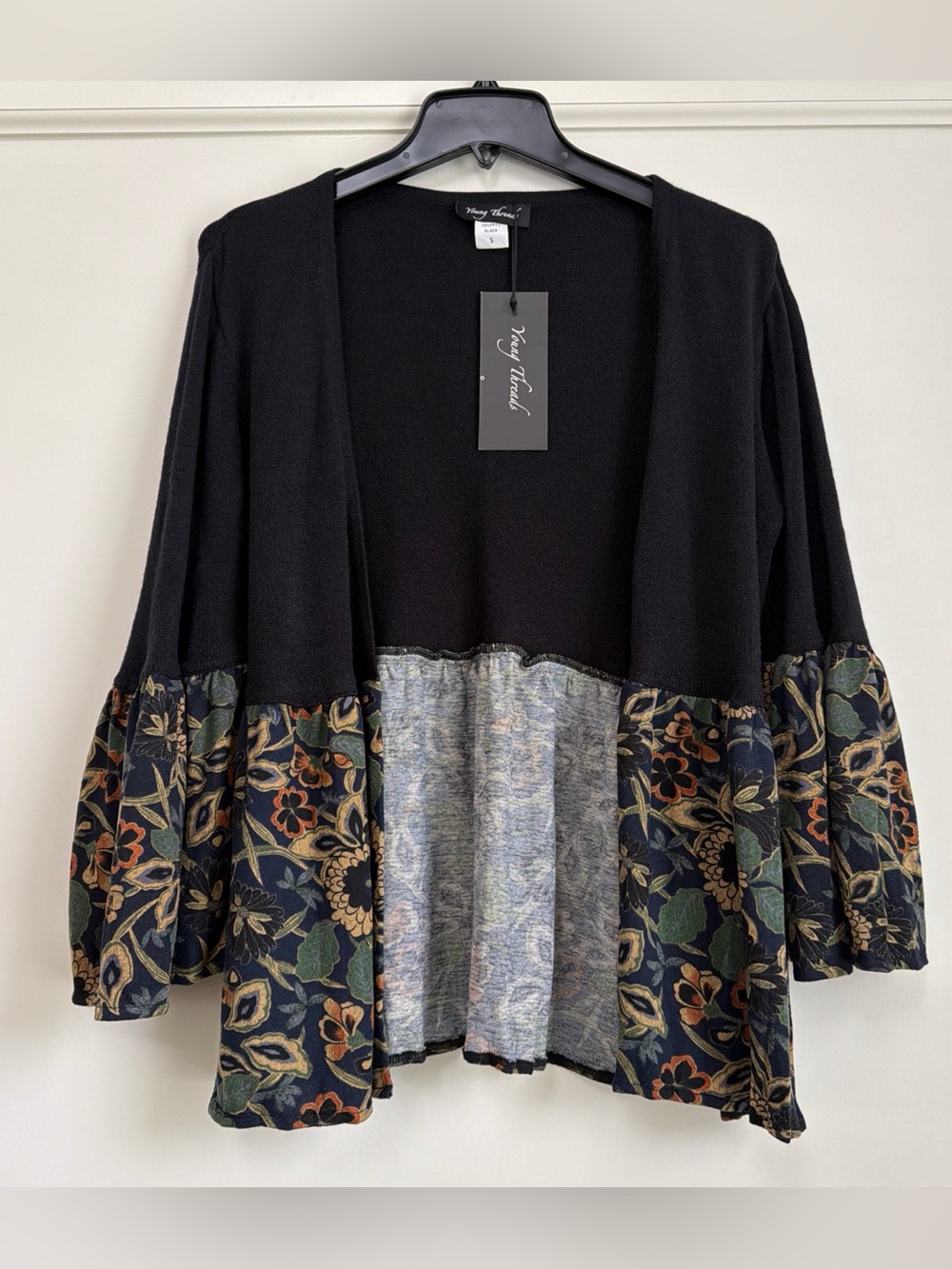 Young Threads Black Floral Patchwork Knit Kimono Shrug S NWT